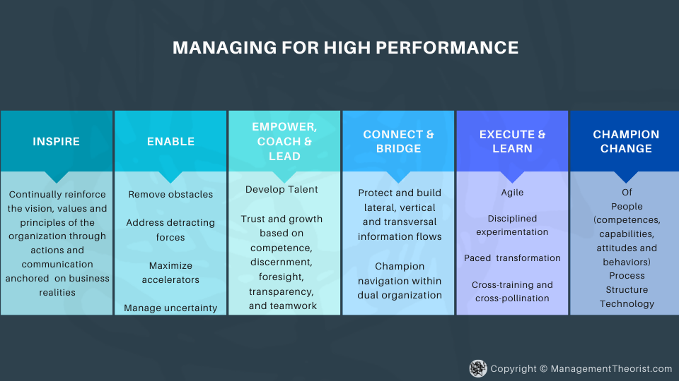 Infographic illustrating practices to manage for high performance